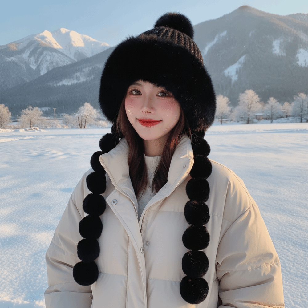 Fleece Lined Pompom Braids Hat - Winter Trapper Hat ulasan dan harga