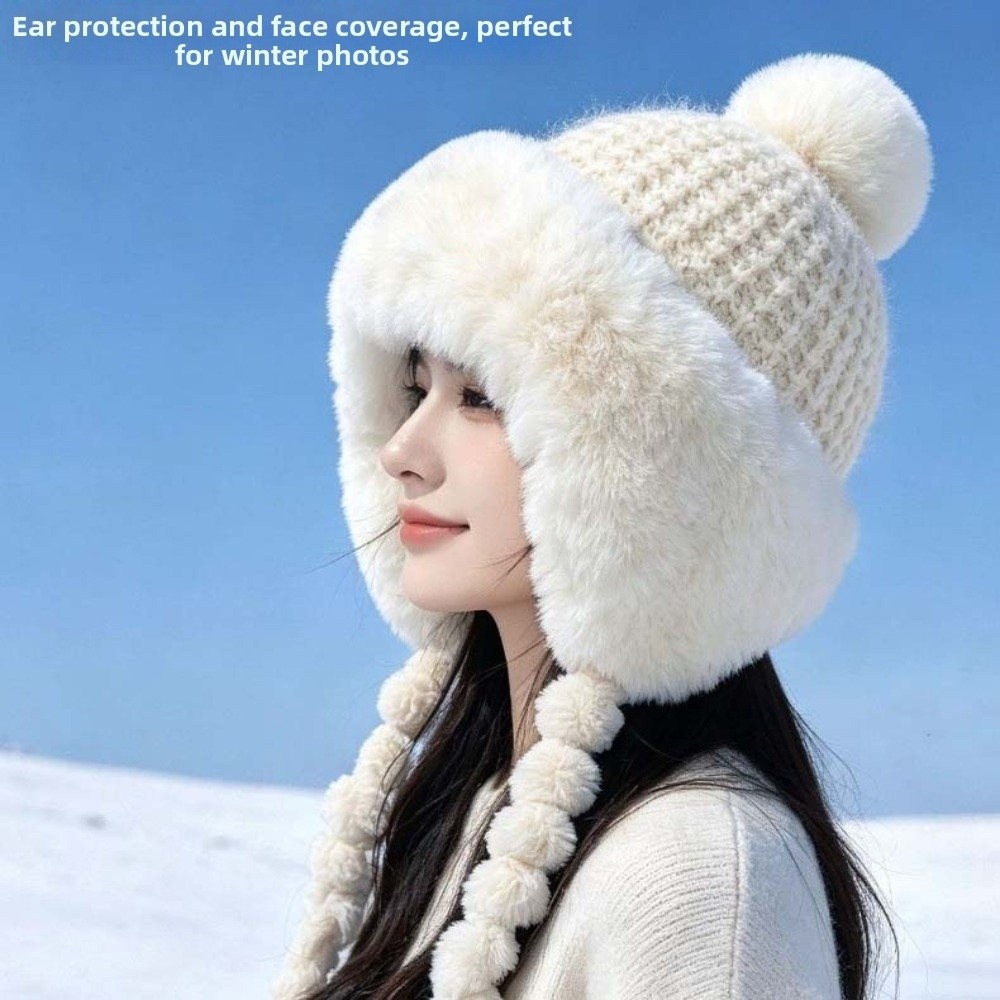 Fleece Lined Pompom Braids Hat - Winter Trapper Hat ulasan dan harga
